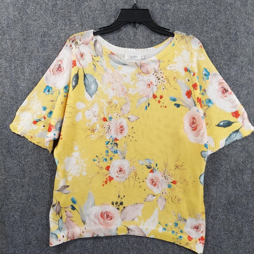 Luisa Ricci Blouse Womens Small Yellow Floral Mesh Short Sleeve Made In Italy‎